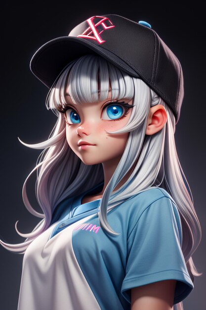 Bella ragazza dei cartoni animati con grandi occhi blu che indossa un cappello e una maglietta a maniche corte personaggio anime cool