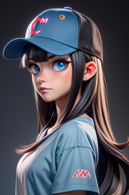 Bella ragazza dei cartoni animati con grandi occhi blu che indossa un cappello e una maglietta a maniche corte personaggio anime cool