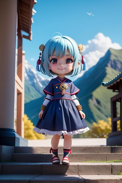 Bella ragazza di fronte al tempio con sfondo carta da parati in stile anime cartone animato occhi grandi