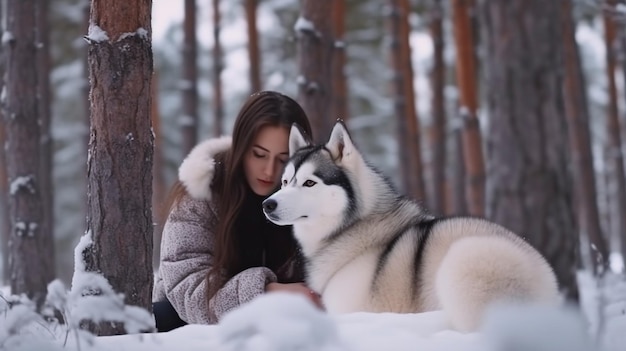 Bella ragazza e cucciolo in un bosco invernale Divertiti con il cane Generative AI Siberian husky