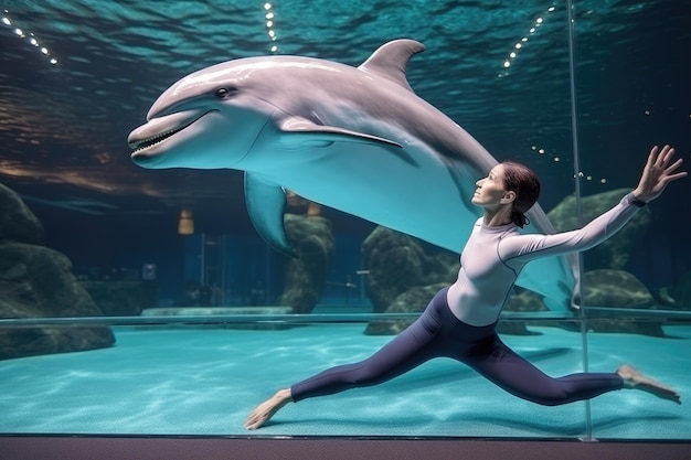 Bella ragazza e delfino nell'acquario Mondo sottomarino Insegnante esperta di fitness per ragazze esegue l'asana del delfino Generata dall'IA