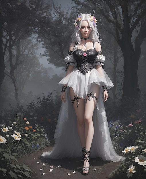 Bella ragazza fata che indossa un abito bianco in giardino nero nebbioso ritratto fotorealistico generato dall'IA
