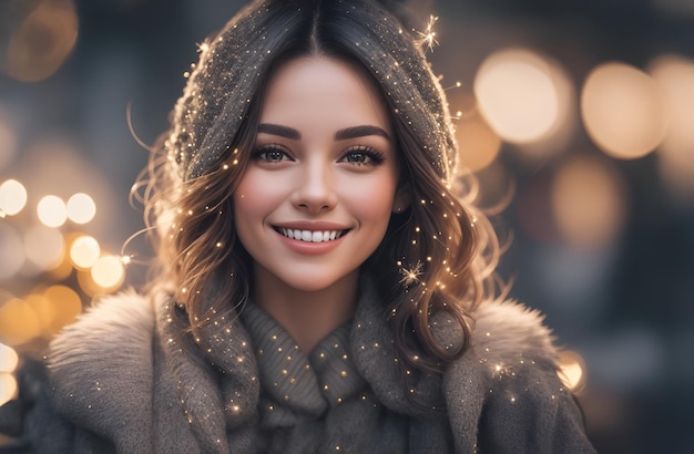 Bella ragazza felice attraente con un sorriso sul viso durante le vacanze di Natale o Capodanno su sfondo sfocato con bokeh e scintille generazione AI