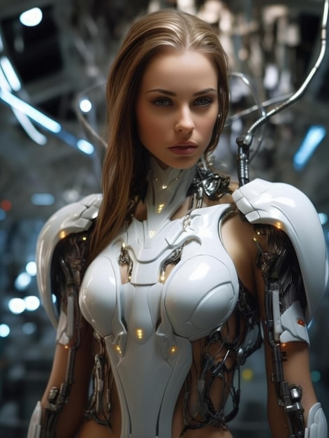 Bella ragazza futuristica android cyborg sul futuro