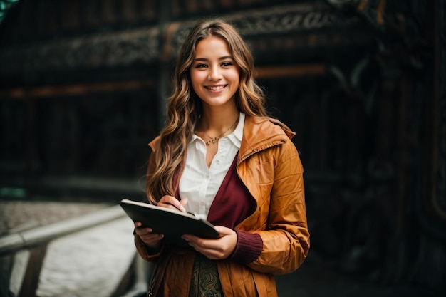 bella ragazza hipster elegante sorridente in città soleggiata strada che tiene la rivista felice ritratto di donna splendida vestita in abiti alla moda rilassarsi e godersi il tempo in città europea