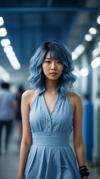 Bella ragazza in abito corto blu con capelli blu