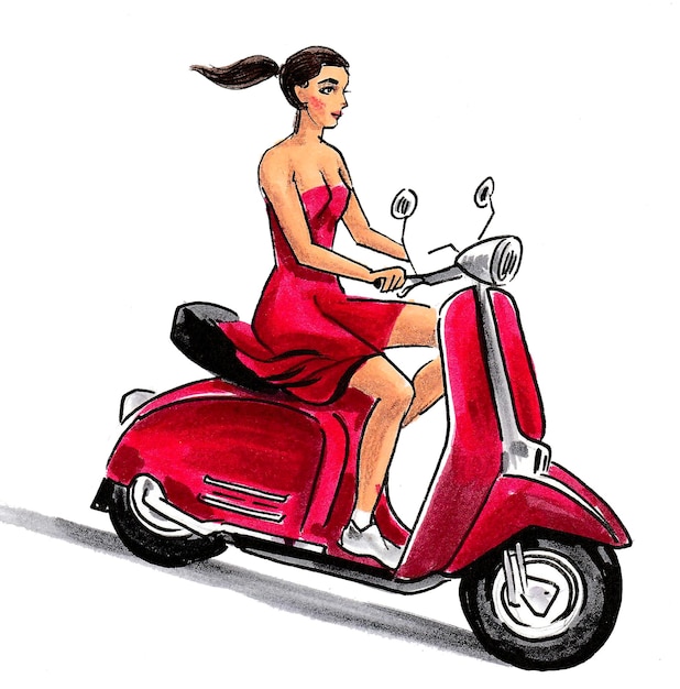 Bella ragazza in abito rosso in sella a uno scooter vintage rosso. Disegno a china e acquerello