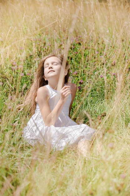 Bella ragazza in fiori di campo che riposa in una giornata di sole nel prato