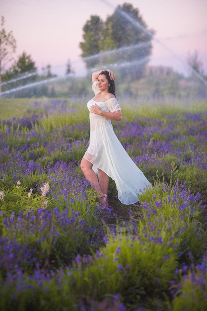 Bella ragazza in lavanda Indossa un abito lungo e un grande cappello Posto per testo La fontana