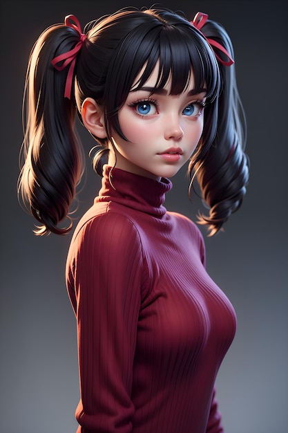 Bella ragazza in maglione con il fondo sveglio dell'illustrazione della carta da parati del fumetto dei twintails