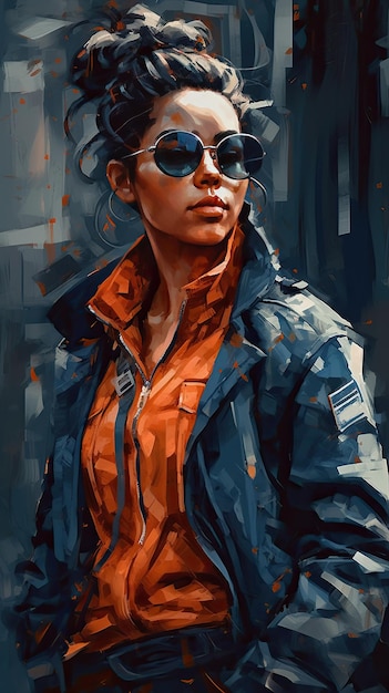 Bella ragazza in occhiali da sole nello stile di un lavoro severo con una spatola arancione e un'arte di precisione indaco creata con la tecnologia Generative AI