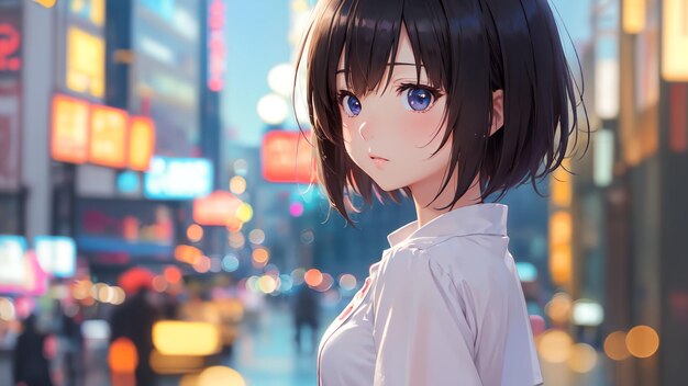 Bella ragazza in stile anime art della città