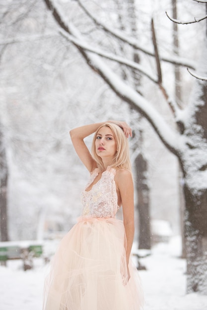 Bella ragazza in un abito da ballo sullo sfondo di un paesaggio invernale