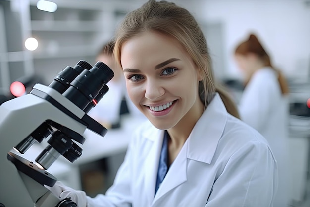 Bella ragazza in un abito medico bianco seduto dietro un primo piano del microscopio