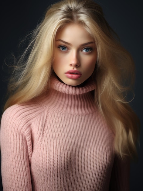 Bella ragazza in un maglione rosa lavorato a maglia Modello di moda stile autunno inverno bella acconciatura bionda lunga Giovane donna adolescente con bellezza naturale e trucco leggero