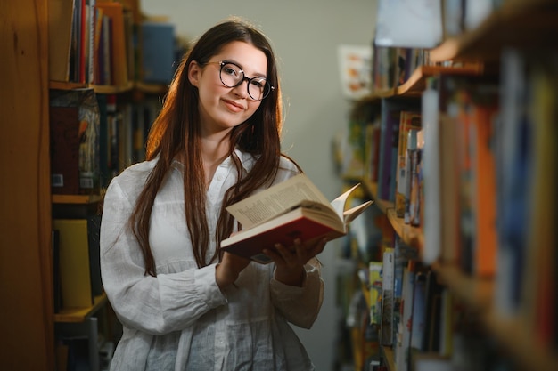 Bella ragazza in una biblioteca