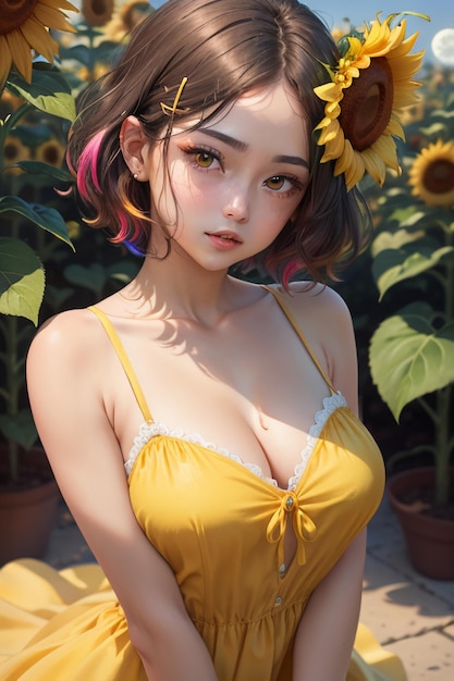 bella ragazza in vestito giallo decorata con la fotografia di sfondo della carta da parati dei fiori del girasole