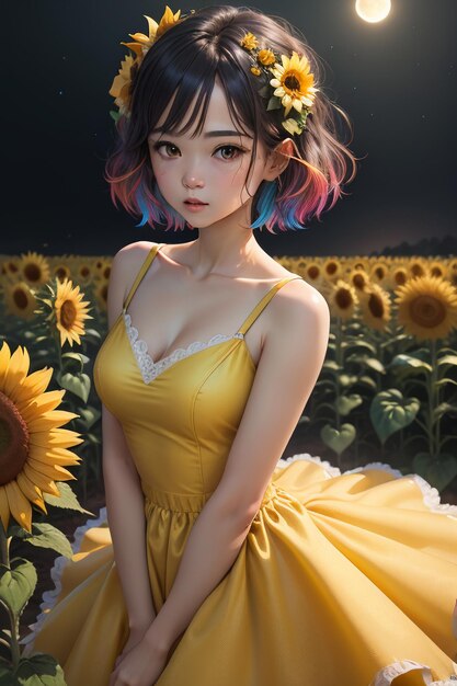 bella ragazza in vestito giallo decorata con la fotografia di sfondo della carta da parati dei fiori del girasole