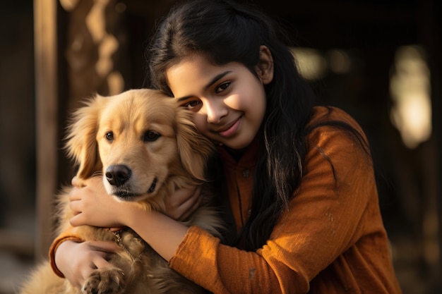 Bella ragazza indiana che passa il tempo o gioca con il cane da compagnia