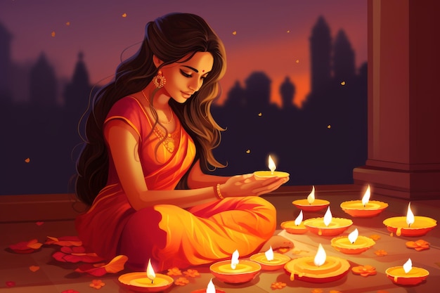 Bella ragazza indiana con Diwali Diya sullo sfondo della città