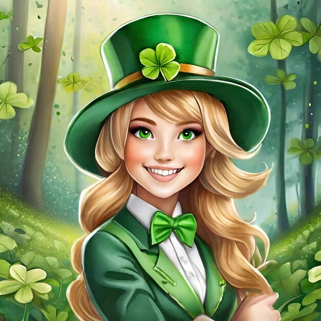 Bella ragazza leprechaun con cappello verde e foglie di trifoglio