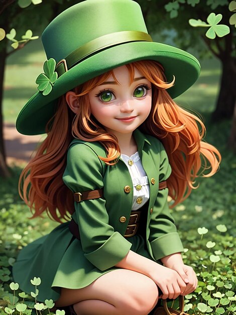 Bella ragazza leprechaun con cappello verde e foglie di trifoglio