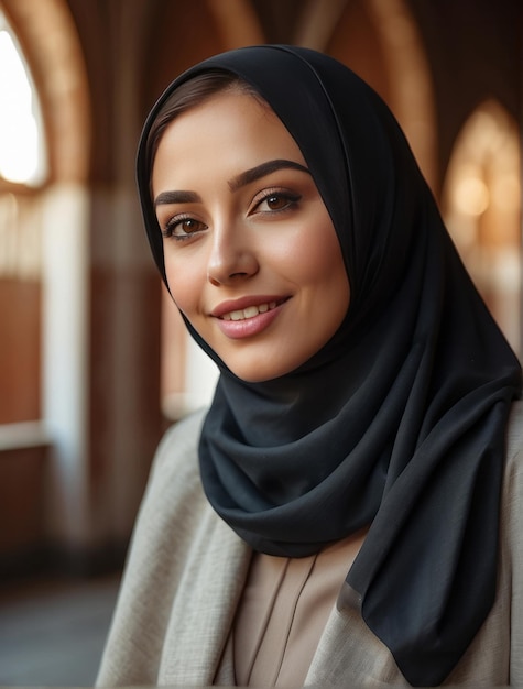 bella ragazza musulmana che indossa l'hijab sullo sfondo della moschea
