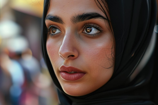 Bella ragazza musulmana dell'est arabo giovane donna con un velo hijab ritratto ravvicinato di occhi bellissimi lentiggine Palestina Oman Marocco