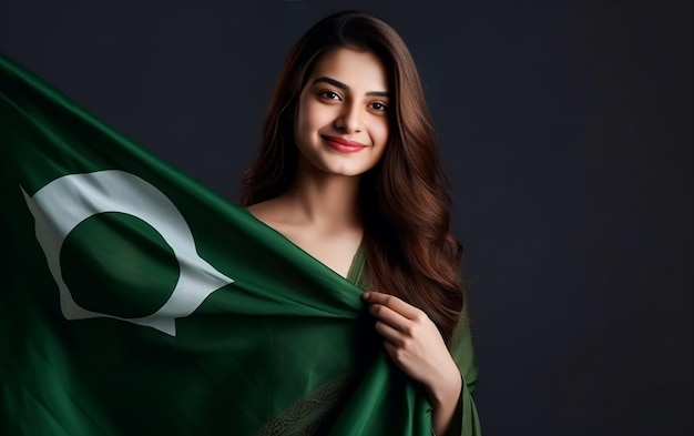 Bella ragazza pakistana nella celebrazione del giorno del Pakistan il 14 agosto con la bandiera pakistana di colore verde s