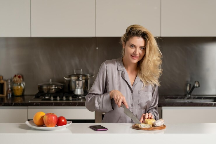Foto bella ragazza sexy bionda che mangia la prima colazione che taglia formaggio e salsiccia nella mattina della cucina di bella w