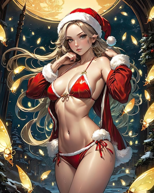 Bella ragazza sexy di anime in lingerie con costume di Babbo Natale