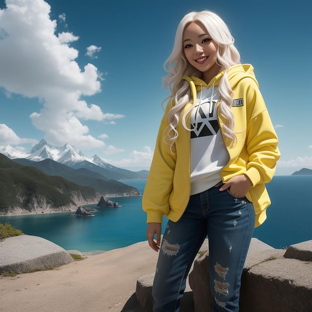 Bella ragazza sorridente che indossa una posa fotogenica con cappuccio giallo sullo sfondo della spiaggia