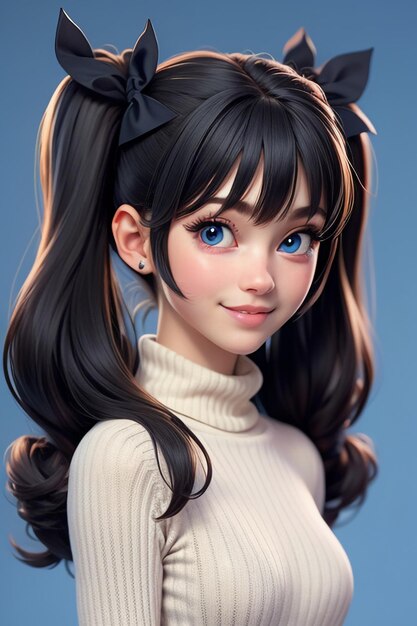 Bella ragazza sorridente con capelli lunghi twintails occhi azzurri maglione rosso sfondo semplice