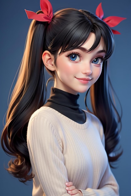 Bella ragazza sorridente con capelli lunghi twintails occhi azzurri maglione rosso sfondo semplice