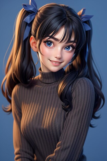 Bella ragazza sorridente con capelli lunghi twintails occhi azzurri maglione rosso sfondo semplice