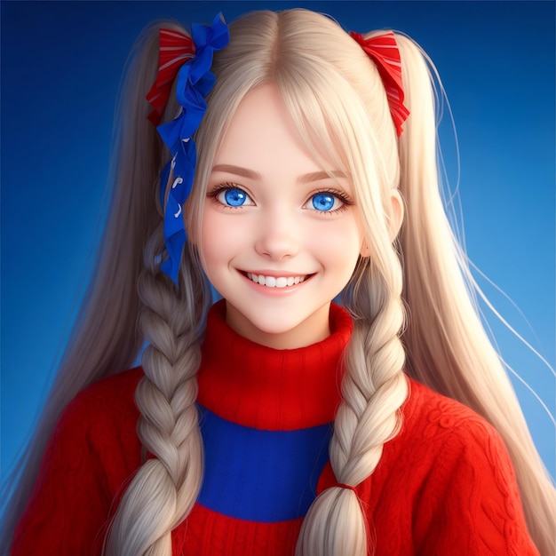 Bella ragazza sorridente con i capelli lunghi, coda gemella, occhi blu, maglione rosso.
