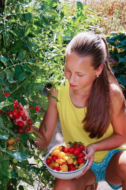 bella ragazza sorridente nella raccolta del giardino