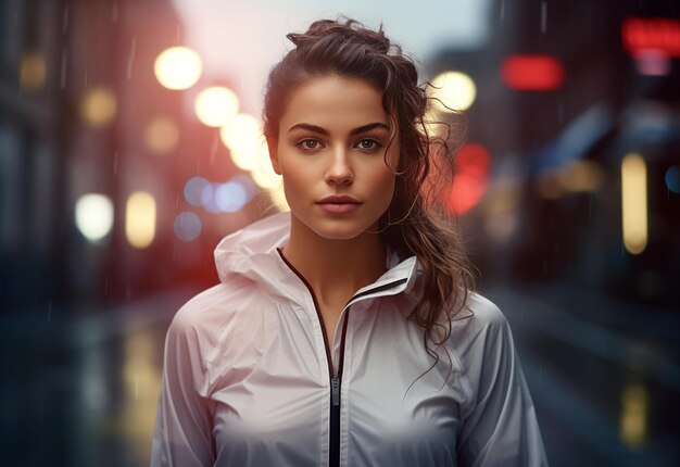 Bella ragazza sportiva pronta a correre per le strade di una grande città