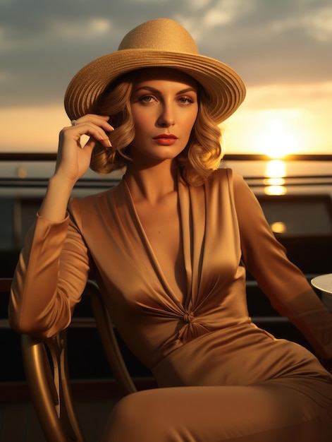 Bella ragazza su uno yacht color bronzo e tramonto dorato