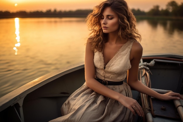 Bella ragazza su uno yacht color bronzo e tramonto dorato
