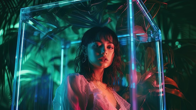 Bella ragazza sul cubo di vetro al neon foglie tropicali Generazione AI