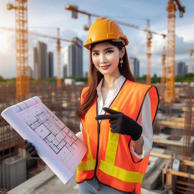 bella ragazza vestita di casco e tuta di sicurezza in costruzione