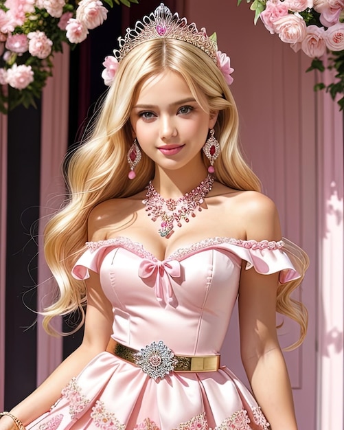 Bella ragazza vestito rosa capelli biondi