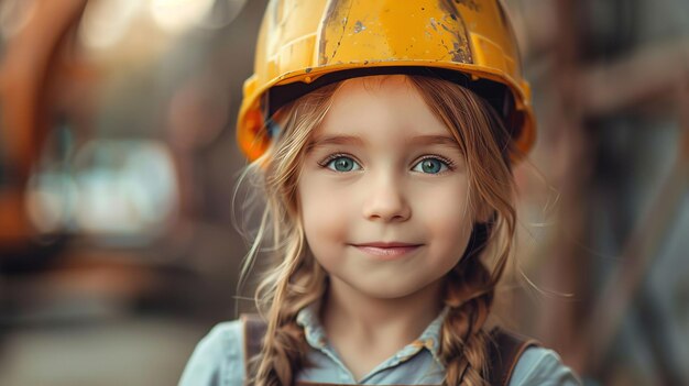 Bella ragazzina che indossa un casco da costruzione in un ritratto Generative Ai