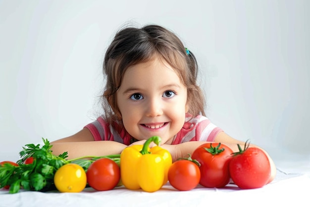 bella ragazzina con le verdure su uno sfondo bianco
