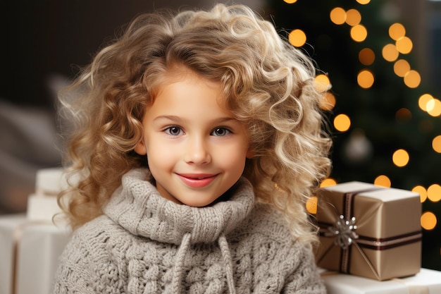 Bella ragazzina dai capelli ricci in maglione vicino ai regali sotto l'albero di Natale