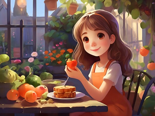 Bella ragazzina Frutta sana nel giardino illustrazione dipinto