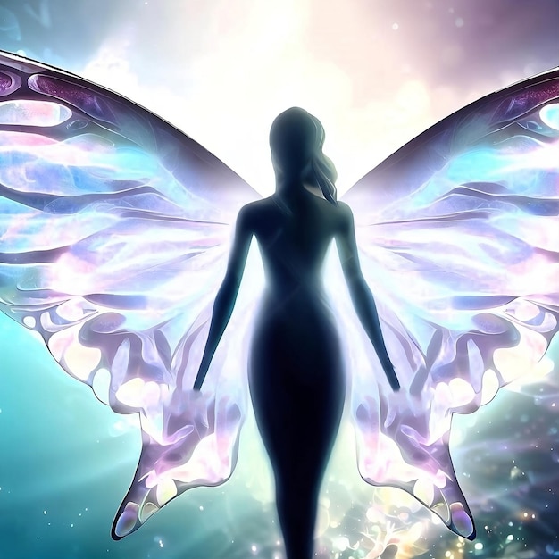 Bella rappresentazione nel concetto artistico di una donna che cambia forma con le ali di farfalla