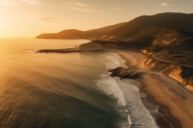 Bella ripresa aerea di una spiaggia con colline sullo sfondo al tramonto