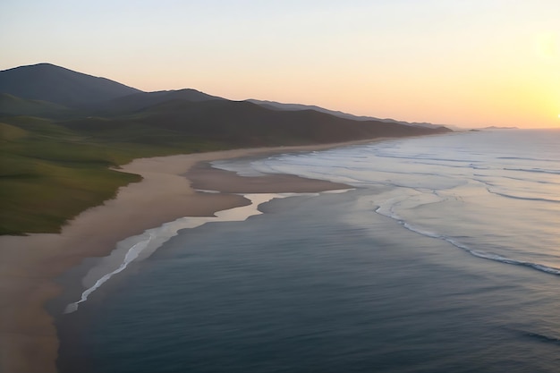 Bella ripresa aerea di una spiaggia con colline sullo sfondo al tramonto